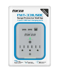 Toma de Pared con Protector Contra Sobretensiones 490J/1875W, 3 Salidas, Puertos USB, 120V