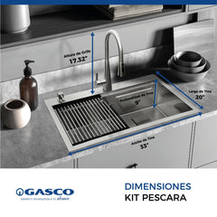 Kit PESCARA fregador + grifo de acero inoxidable 2 tinas