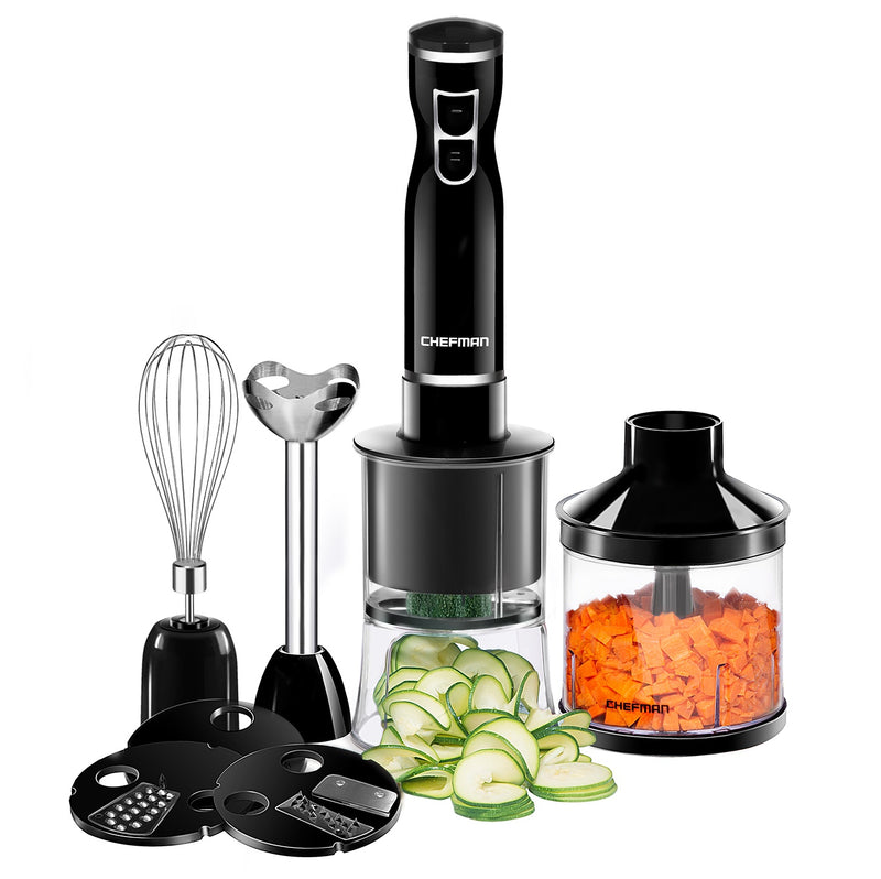 Chefman 300 Watt Hand Blender With Food Chopper, Whisk And Spiralizer Attachment - Black